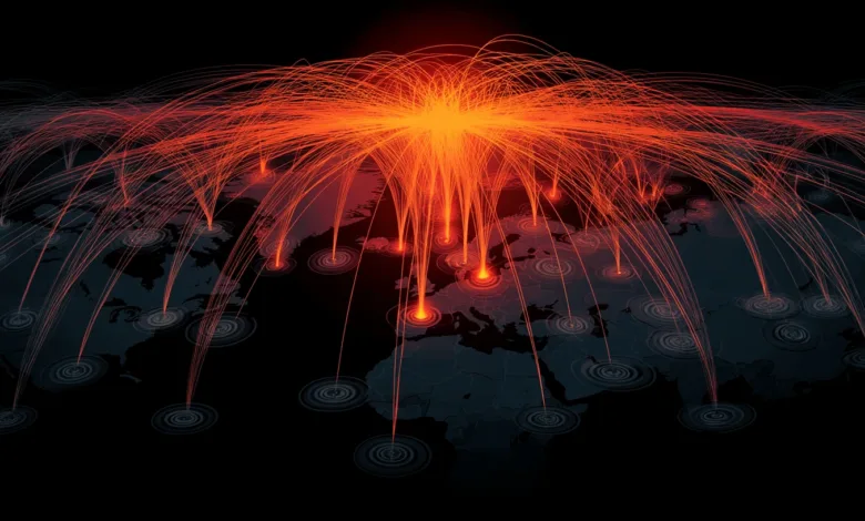 Global DDoS attack visualization with red lines converging on world map.