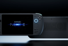 Ayaneo Next II handheld gaming device with illuminated controls.