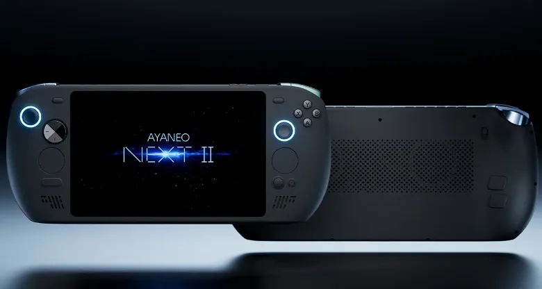 Ayaneo Next II handheld gaming device with illuminated controls.