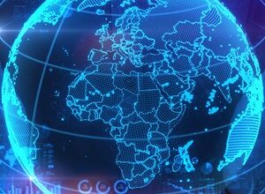 Digital globe with blue lines showing continents, representing global connectivity.