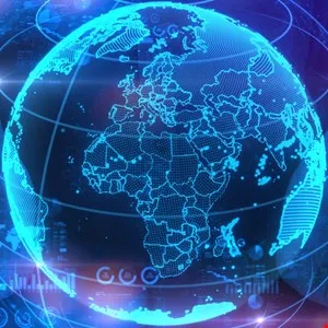 Digital globe with blue lines showing continents, representing global connectivity.