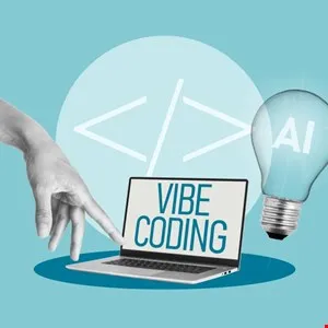 Laptop displaying 'Vibe Coding' with a hand, code symbol, and AI lightbulb on a blue background.