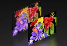 Two screens display floral images, one pixelated and one realistic.