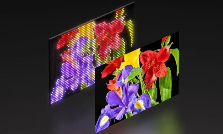 Two screens display floral images, one pixelated and one realistic.