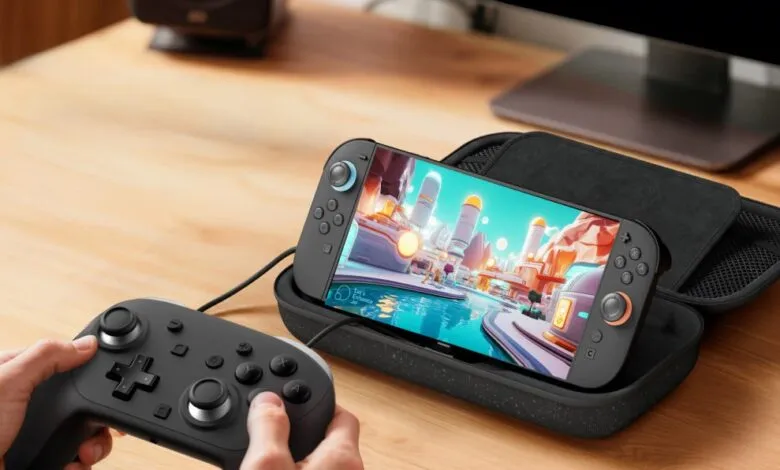 Handheld gaming console in case with controller, screen showing game.
