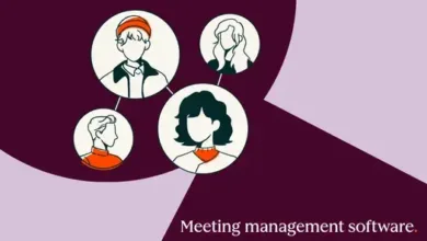 Illustration of four people connected in circles, representing meeting management software.