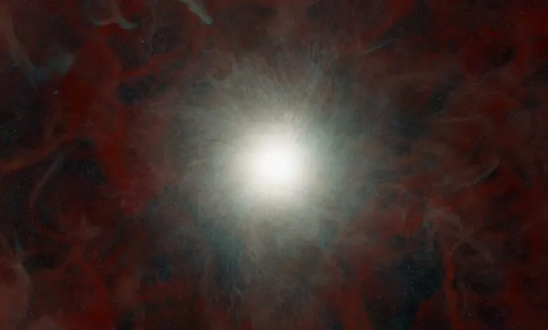 Bright white center surrounded by red and blue nebula-like formations.