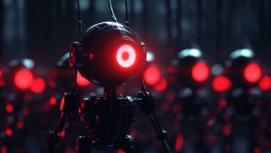Close-up of a black robot with a glowing red eye, surrounded by similar robots.