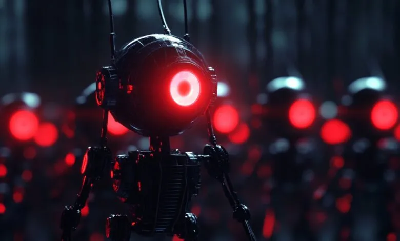 Close-up of a black robot with a glowing red eye, surrounded by similar robots.