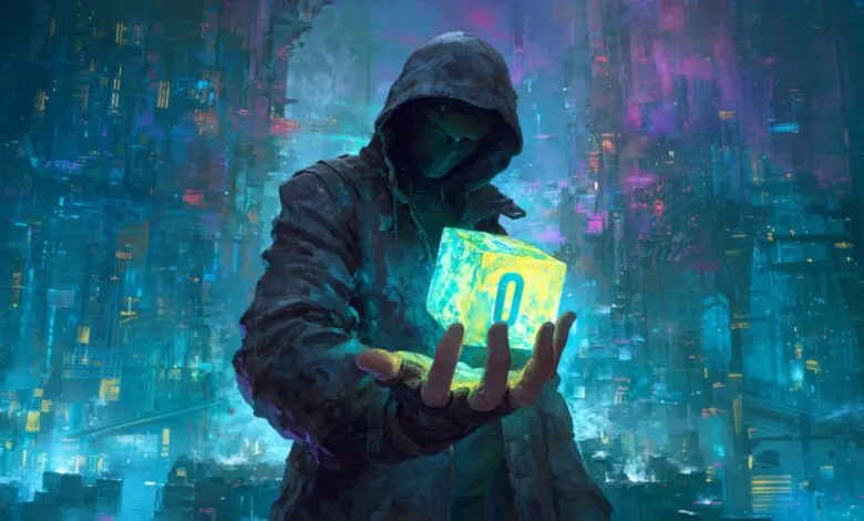 Hooded figure holds glowing cube in futuristic cityscape.
