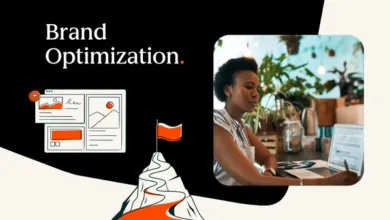 Brand optimization graphic with woman working on laptop.