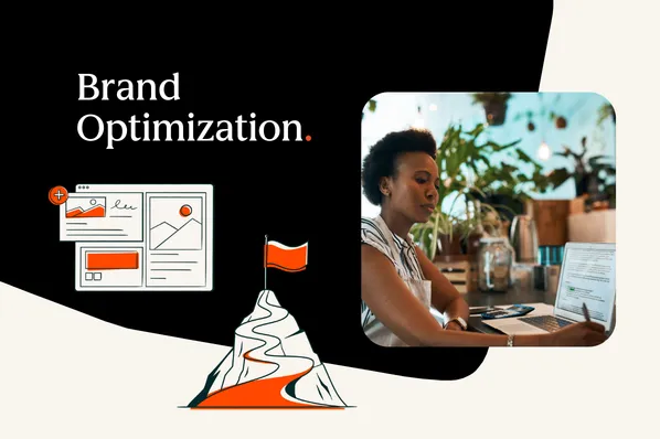 Brand optimization graphic with woman working on laptop.