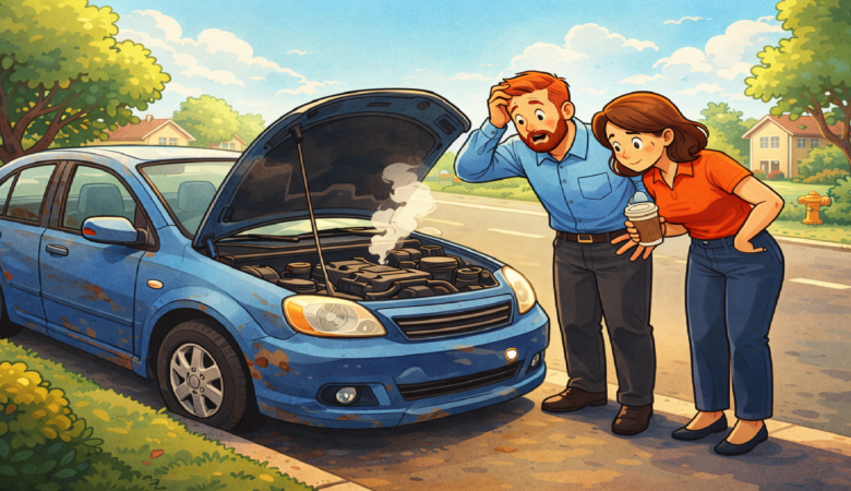 Couple stranded roadside with smoking car engine, looking distressed.