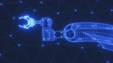 Blue wireframe illustration of a robotic arm with claw on a dark background.