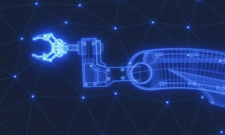 Blue wireframe illustration of a robotic arm with claw on a dark background.