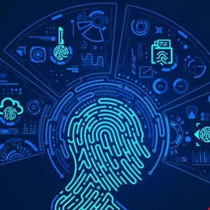Digital fingerprint surrounded by security icons, representing biometric authentication.