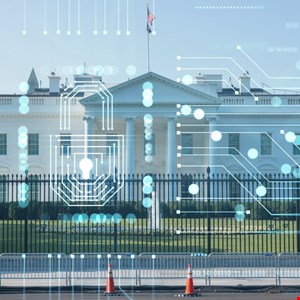 The White House with a digital padlock overlay, symbolizing cybersecurity.