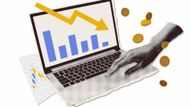 Laptop shows a declining stock chart, hand, and falling coins, indicating financial loss.