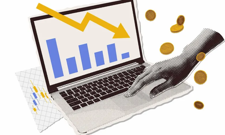 Laptop shows a declining stock chart, hand, and falling coins, indicating financial loss.