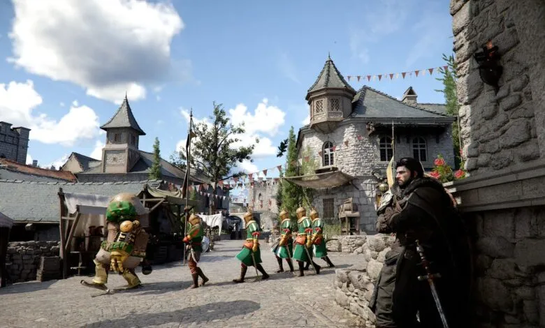 Medieval town scene with guards, a large figure, and stone buildings.