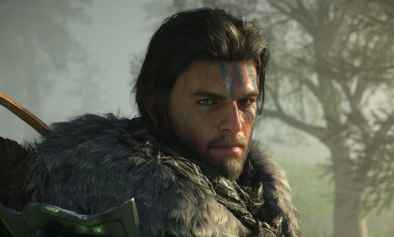 Man with blue face paint and fur collar stares intently.