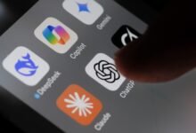 Smartphone screen displays AI app icons: ChatGPT, Gemini, Copilot, DeepSeek, Claude.