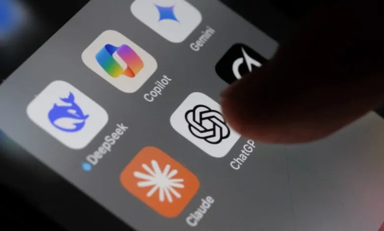Smartphone screen displays AI app icons: ChatGPT, Gemini, Copilot, DeepSeek, Claude.