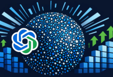 ChatGPT logo with upward trending graphs and arrows, indicating growth.