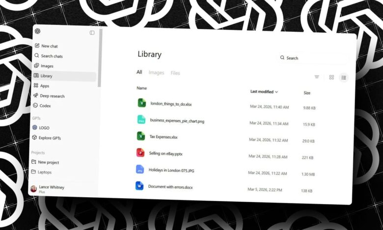 ChatGPT Library interface showing file storage and management options.