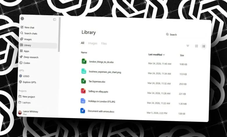 ChatGPT Library interface showing file storage and management options.