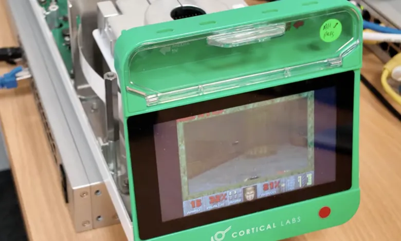 Cortical Labs device displaying the game Doom on its screen.