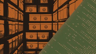 Rows of labeled boxes meet a wall of binary code, creating a data storage concept.