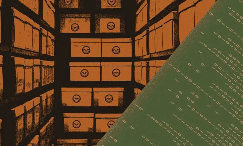 Rows of labeled boxes meet a wall of binary code, creating a data storage concept.