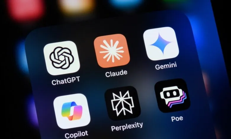 AI apps on a phone screen: ChatGPT, Claude, Gemini, Copilot, Perplexity, Poe.