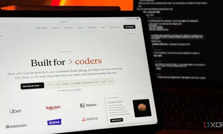 Claude.ai website displayed on a tablet, focused on coding assistance.