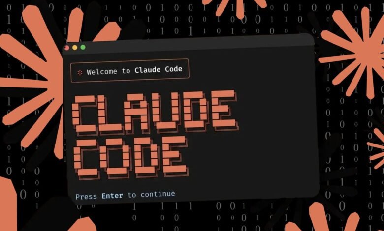 Claude Code welcome screen with pixelated text and binary code background.