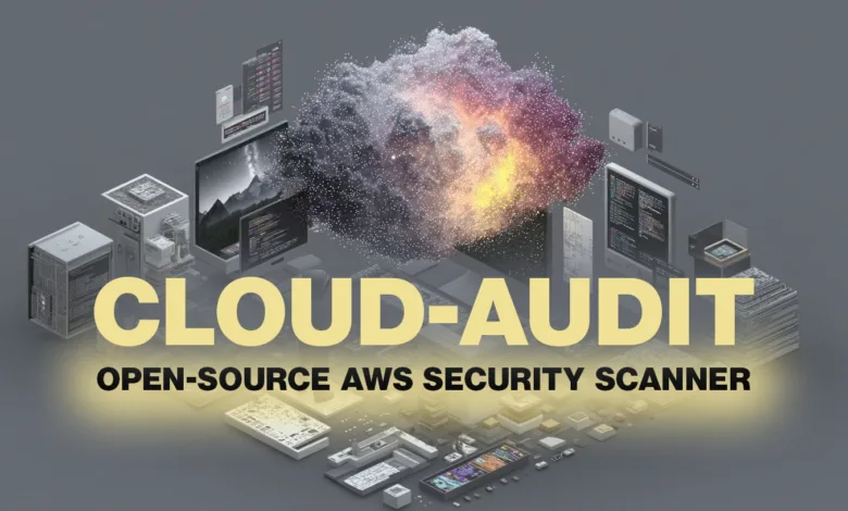 Cloud-Audit open-source AWS security scanner with abstract cloud and server elements.