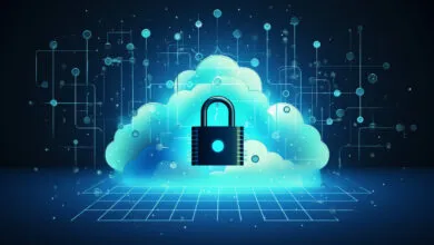 Cloud security concept: padlock on a glowing cloud with network connections.