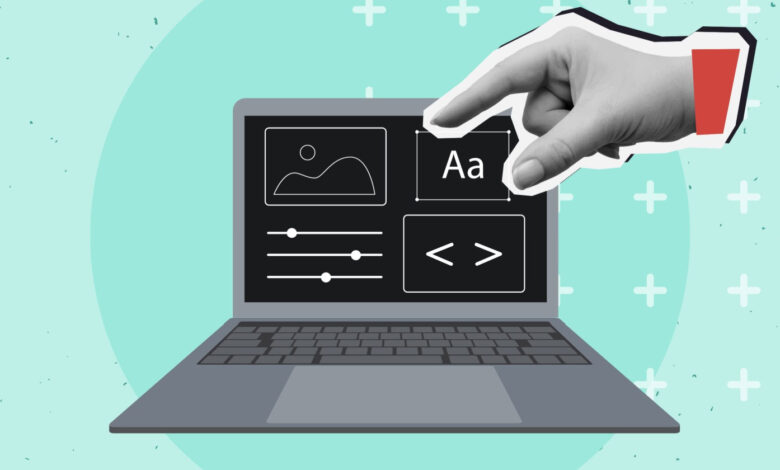 Laptop screen showing website editor with hand hovering over text icon.