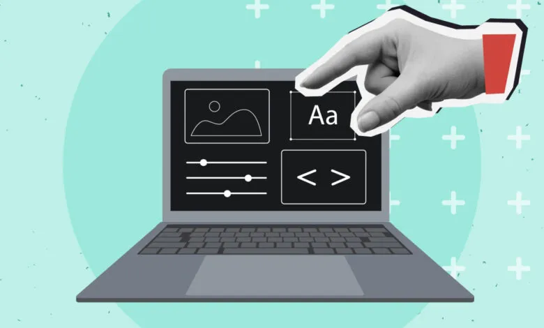 Laptop screen showing website editor with hand hovering over text icon.