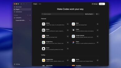 Codex plugin interface showing available integrations like Github, Slack, Notion, Gmail, and more.
