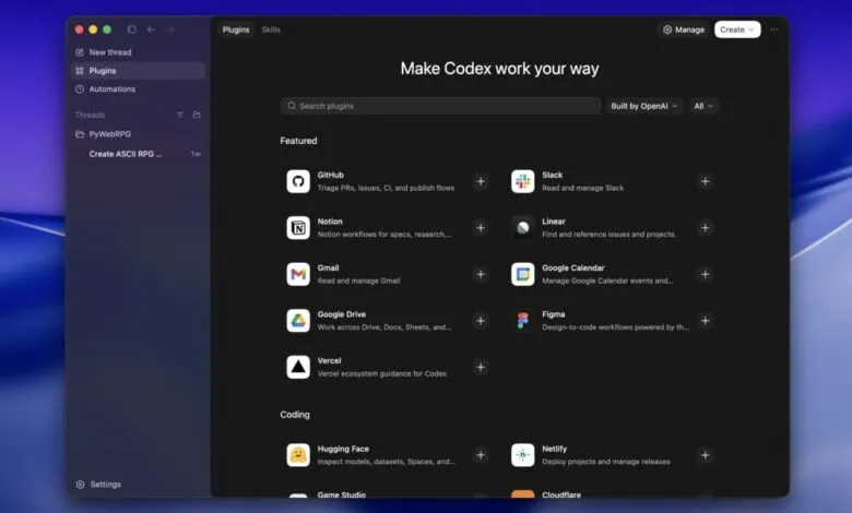 Codex plugin interface showing available integrations like Github, Slack, Notion, Gmail, and more.