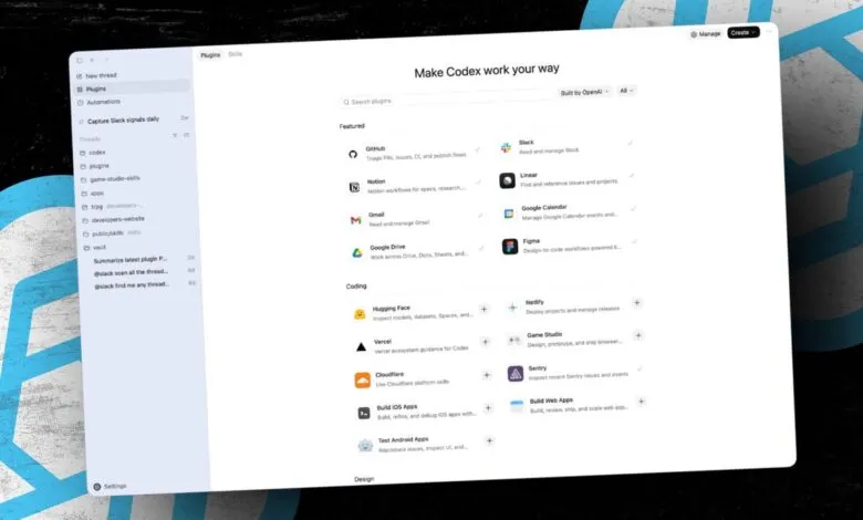 Codex plugin interface with options for GitHub, Slack, Notion, Gmail, and other apps.