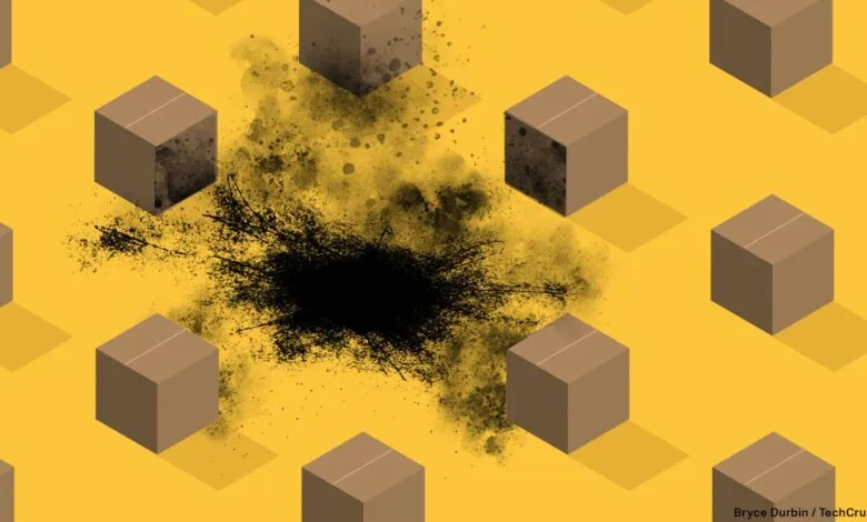 Isometric view of cardboard boxes with a black explosion in the center.