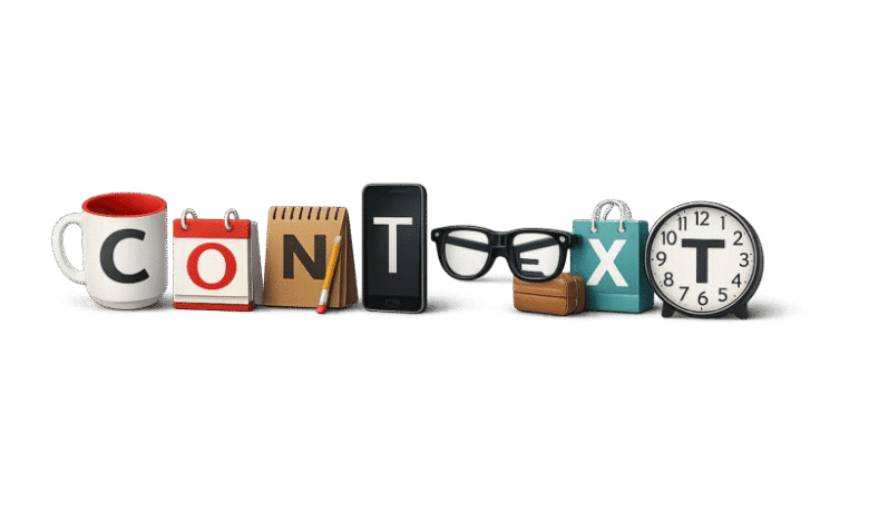 Objects spelling 'CONTEXT': mug, calendar, notepad, phone, glasses, bag, clock.