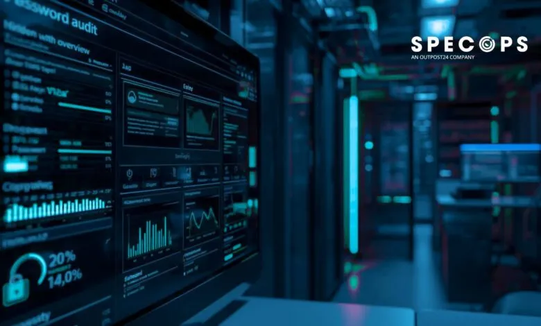 Cybersecurity dashboard on monitor in server room, data analysis.