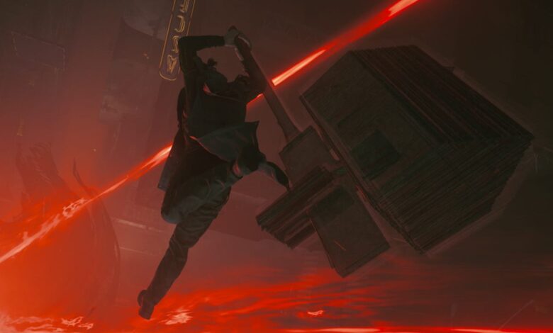 Character in dark suit floats in red-lit, surreal environment.