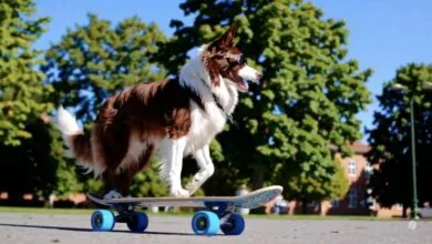 Brown and white dog wearing sunglasses rides a skateboard.