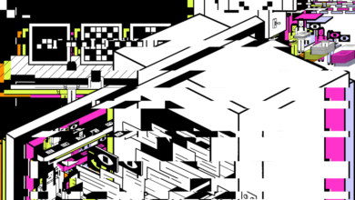 Abstract glitch art with geometric shapes and bright colors.