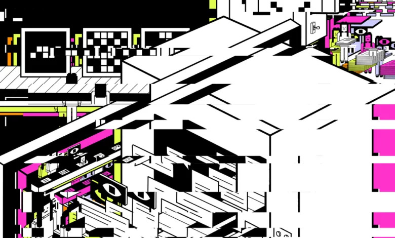 Abstract glitch art with geometric shapes and bright colors.